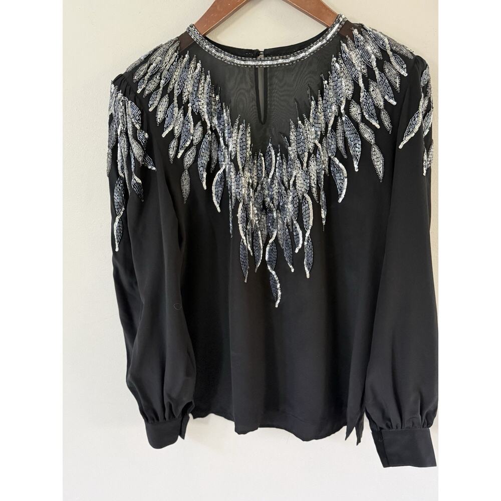 Vintage Argenti Pure Silk Womens Sequin Top Size M Black Silver Long Sleeve